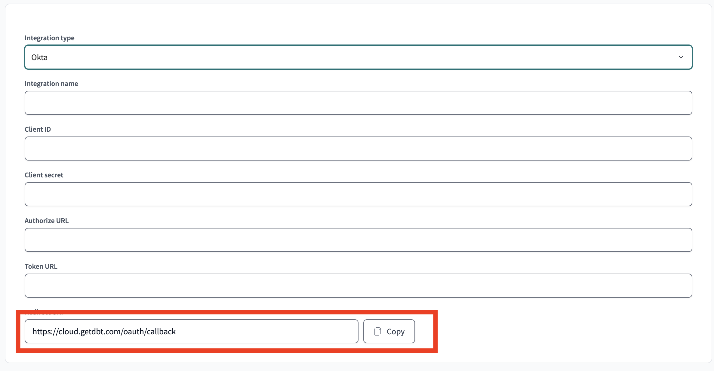 Copy the callback URI at the bottom of the integration page in dbt Cloud.